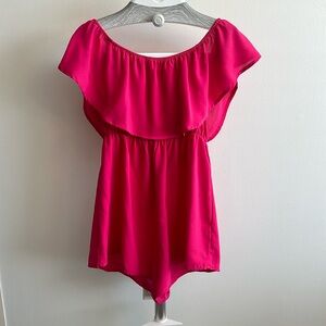 Hot pink off the shoulder ruffle romper NWOT MEDIUM